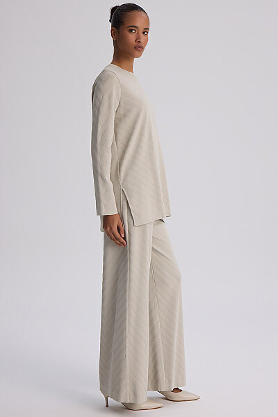Zigzag Desenli Bol Paça Pantolon Taş - 3