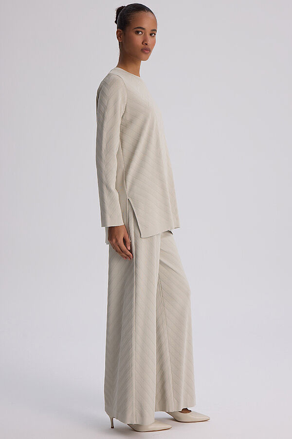 Zigzag Desenli Bol Paça Pantolon Taş - 3