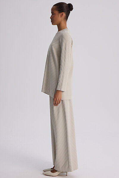 Zigzag Desenli Bol Paça Pantolon Taş - 5
