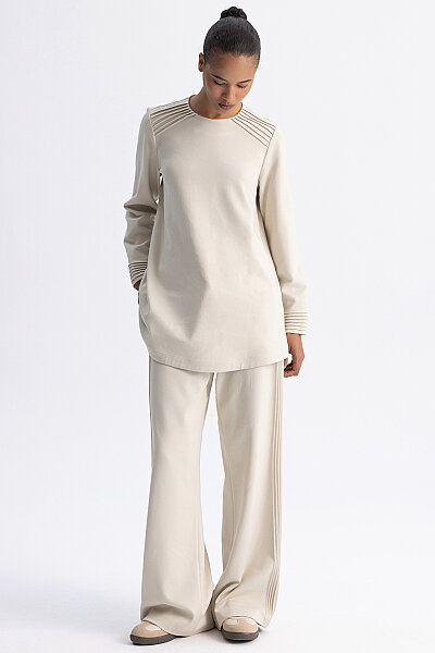 Fermuarlı İki İp Geniş Paça Pantolon Ekru 