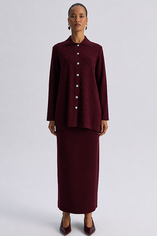 Zigzag Desenli Triko Ceket Bordo - 1