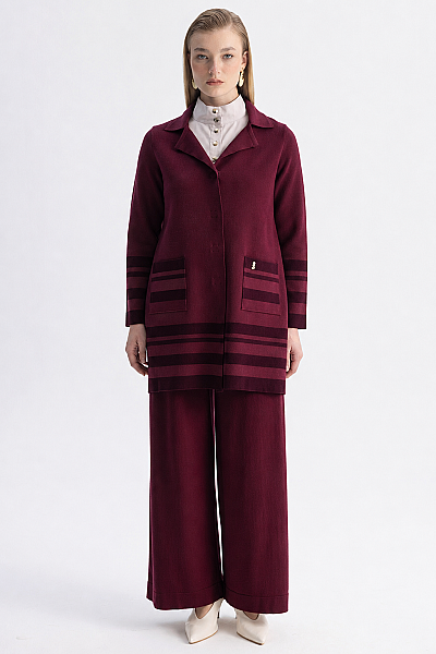 Kontrast Renkli Uzun Touch Me Ceket Bordo 