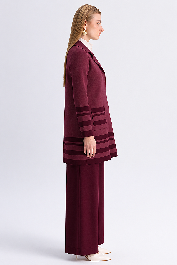 Kontrast Renkli Uzun Touch Me Ceket Bordo - 2