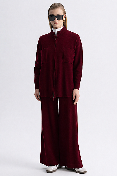 Kontrast Renkli Uzun Touch Me Ceket Bordo 