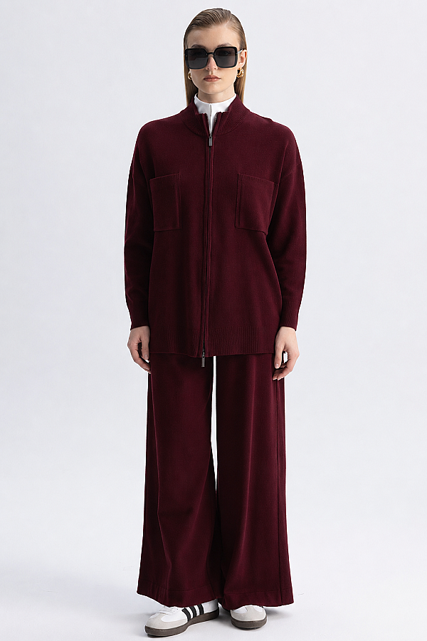 Kontrast Renkli Uzun Touch Me Ceket Bordo - 4