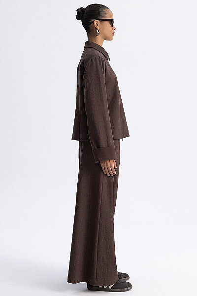 Önden Fermuarlı Crop Denim Ceket Kahverengi - 4
