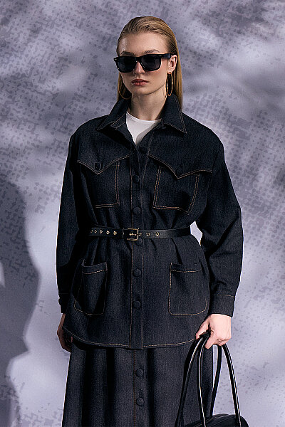 Önden Düğmeli Gömlek Yaka Denim Ceket Siyah - 3