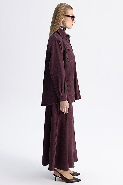 Önden Düğmeli Gömlek Yaka Denim Ceket Bordo - 3
