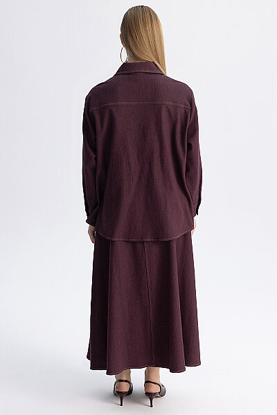 Önden Düğmeli Gömlek Yaka Denim Ceket Bordo - 4
