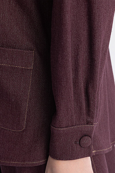 Önden Düğmeli Gömlek Yaka Denim Ceket Bordo - 5