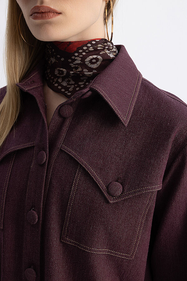 Önden Düğmeli Gömlek Yaka Denim Ceket Bordo - 6
