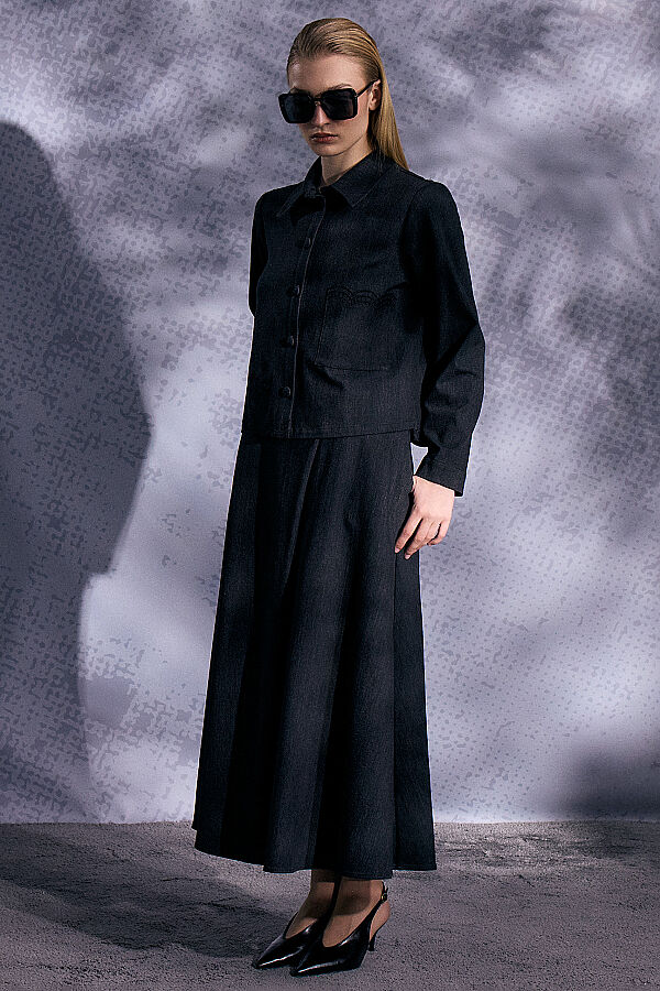 Nakış Detaylı Crop Denim Ceket Siyah - 3