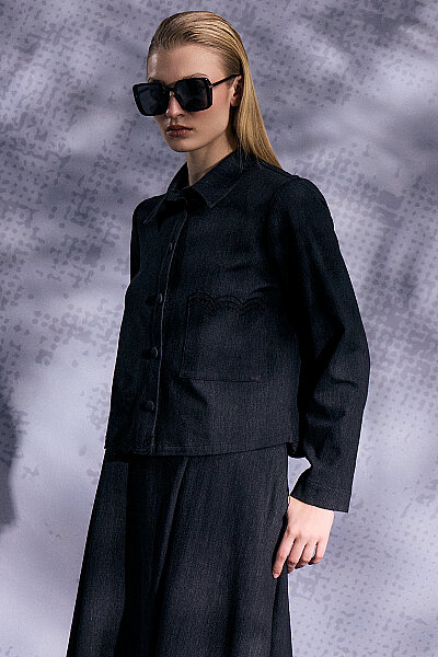 Nakış Detaylı Crop Denim Ceket Siyah - 4