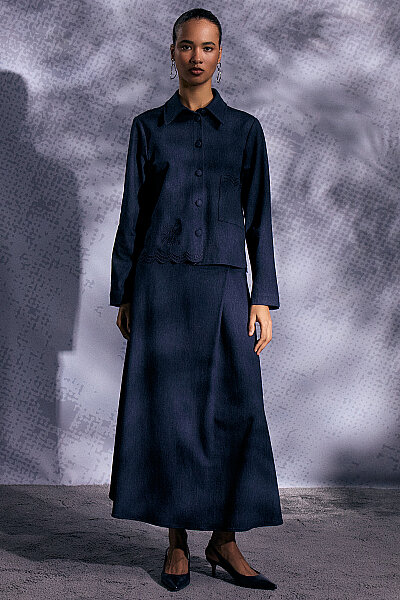 Nakış Detaylı Crop Denim Ceket Lacivert - MISS DALIDA