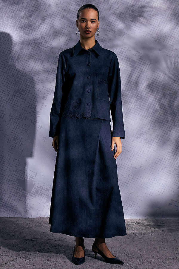 Nakış Detaylı Crop Denim Ceket Lacivert - 1