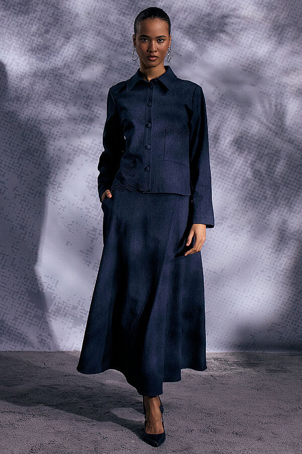 Nakış Detaylı Crop Denim Ceket Lacivert - 3