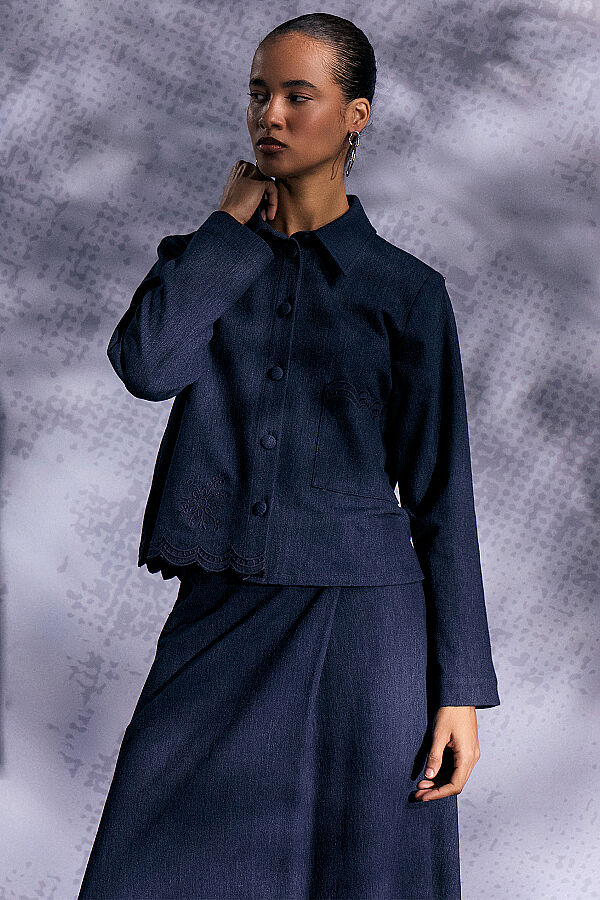 Nakış Detaylı Crop Denim Ceket Lacivert - 5