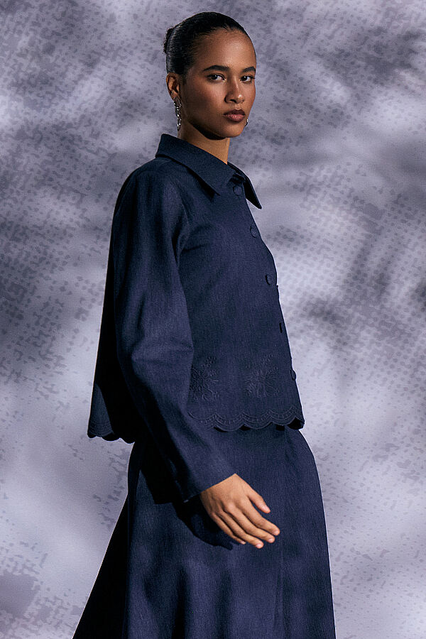 Nakış Detaylı Crop Denim Ceket Lacivert - 6