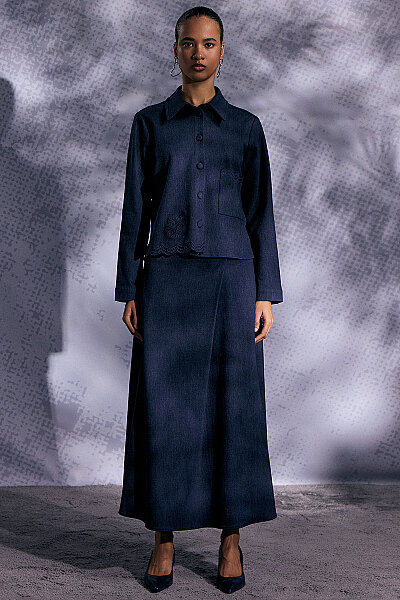 Nakış Detaylı Crop Denim Ceket Lacivert - 7