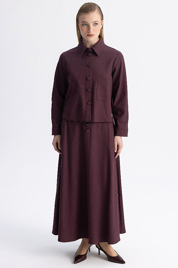 Nakış Detaylı Crop Denim Ceket Bordo - 2