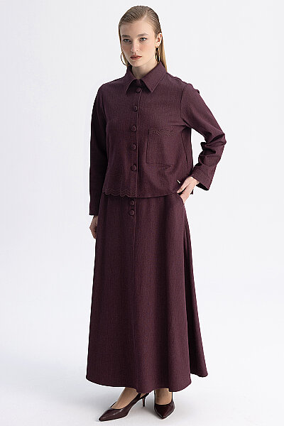 Nakış Detaylı Crop Denim Ceket Bordo - 3