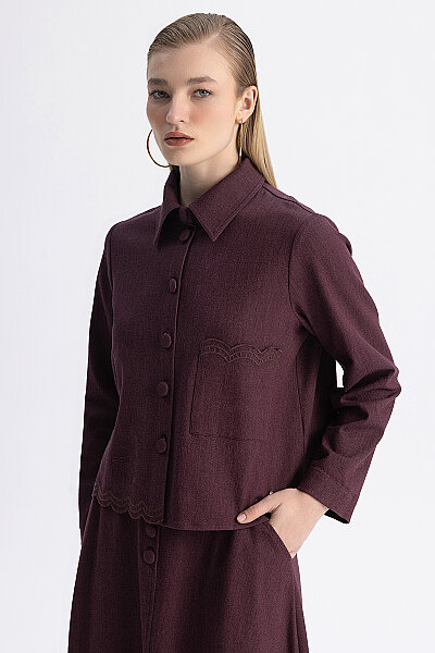 Nakış Detaylı Crop Denim Ceket Bordo - 4