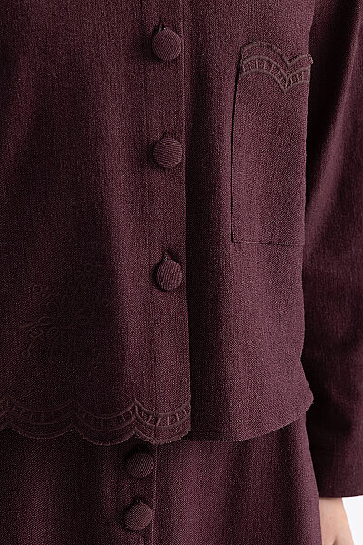 Nakış Detaylı Crop Denim Ceket Bordo - 5
