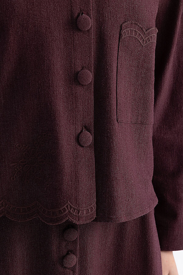 Nakış Detaylı Crop Denim Ceket Bordo - 5