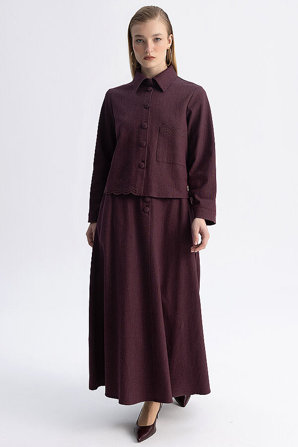 Nakış Detaylı Crop Denim Ceket Bordo - 6