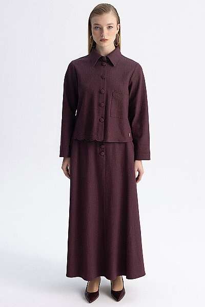 Nakış Detaylı Crop Denim Ceket Bordo - 7