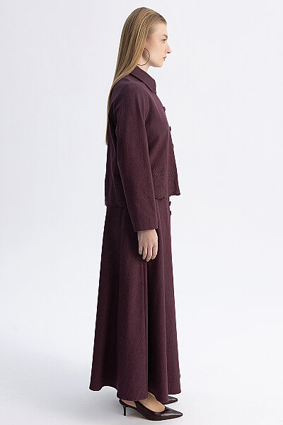 Nakış Detaylı Crop Denim Ceket Bordo - 8