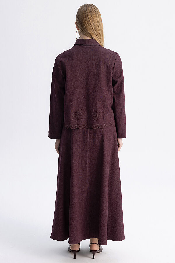 Nakış Detaylı Crop Denim Ceket Bordo - 9