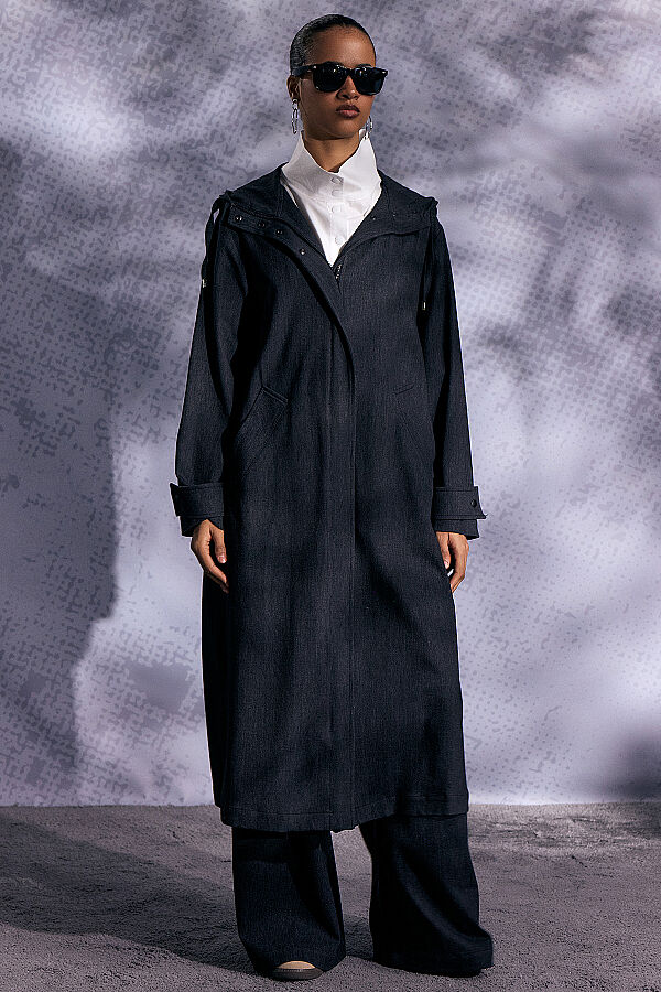 Kapüşonlu Uzun Denim Kap Lacivert - 3