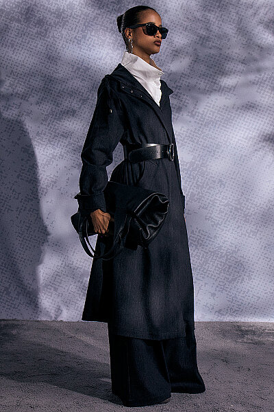 Kapüşonlu Uzun Denim Kap Lacivert - 6