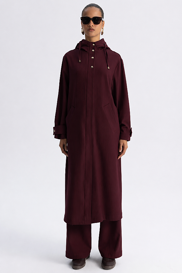 Kapüşonlu Uzun Denim Kap Bordo - 1