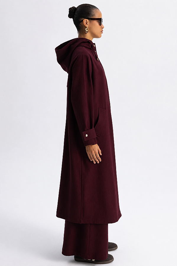 Kapüşonlu Uzun Denim Kap Bordo - 2