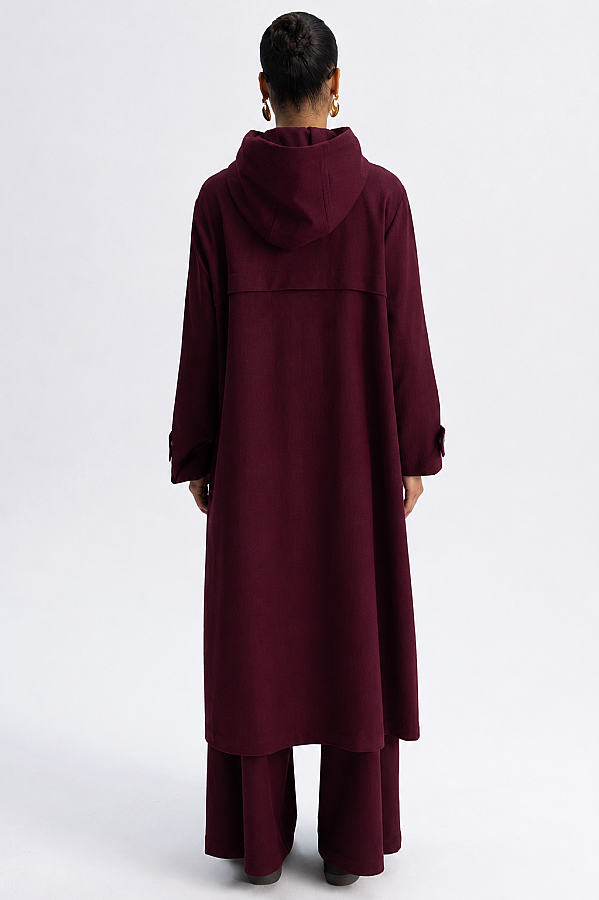 Kapüşonlu Uzun Denim Kap Bordo - 3