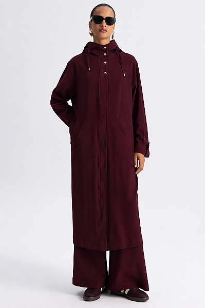 Kapüşonlu Uzun Denim Kap Bordo - 4