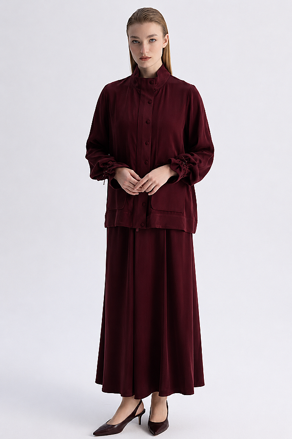 Yüksek Yaka Cepli Minimal Ceket Bordo - 1