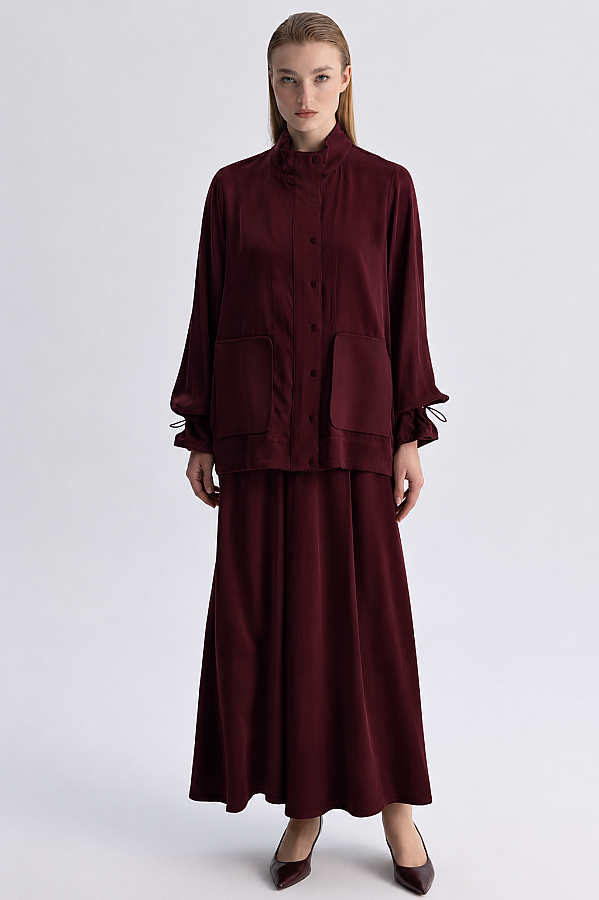 Yüksek Yaka Cepli Minimal Ceket Bordo - 2