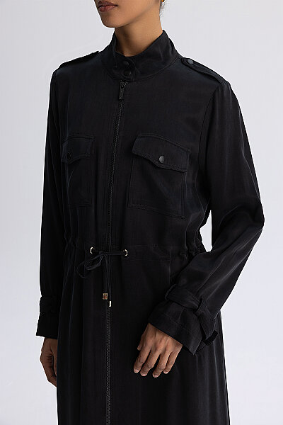 Dik Yaka Beli Büzgülü Cepli Kap Siyah - 2