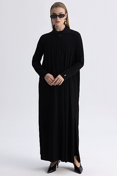 Shirt Collar Ribbed Long Cardigan Black - MISS DALIDA (1)