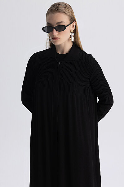 Shirt Collar Ribbed Long Cardigan Black - MISS DALIDA (1)