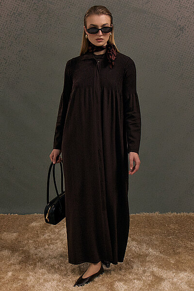 Shirt Collar Ribbed Long Cardigan Cacao - MISS DALIDA (1)
