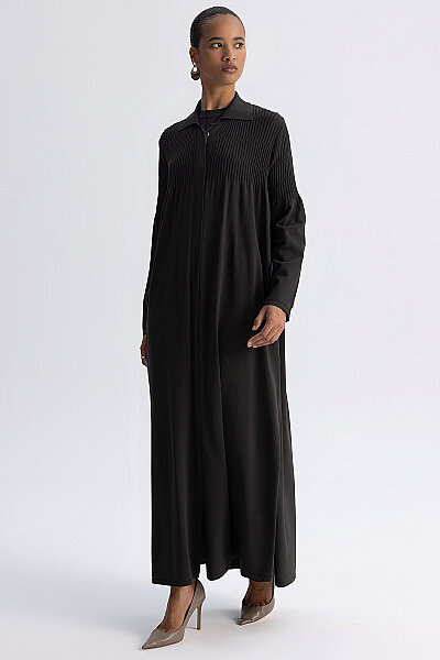 Shirt Collar Ribbed Long Cardigan Khaki - MISS DALIDA (1)