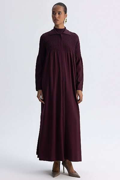 Shirt Collar Ribbed Long Cardigan Aubergine - MISS DALIDA