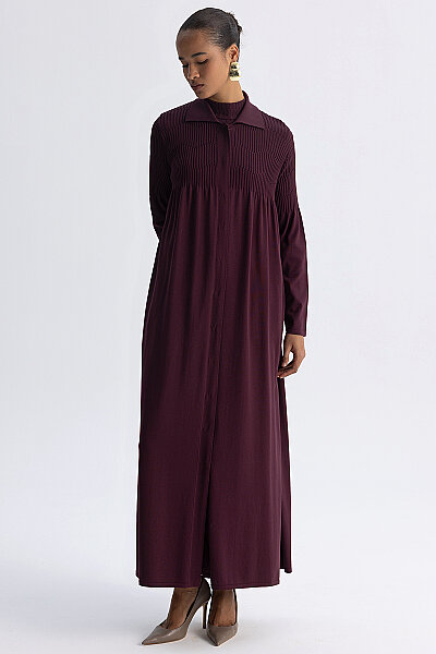 Shirt Collar Ribbed Long Cardigan Aubergine - MISS DALIDA (1)