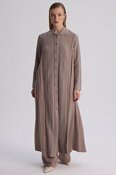 Herringbone Pattern Shirt Collar Knit Cardigan Mink - MISS DALIDA (1)