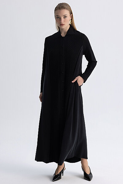 Herringbone Pattern Shirt Collar Knit Cardigan Black - MISS DALIDA