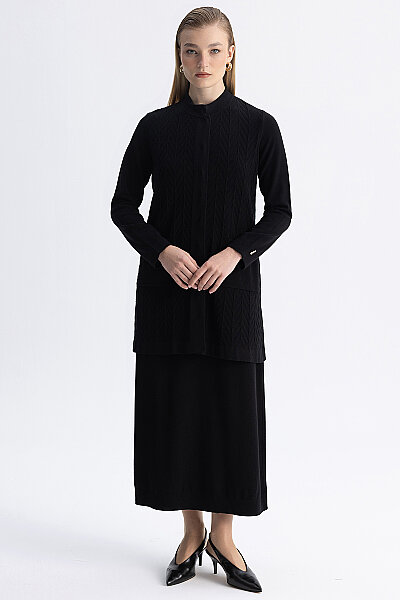 Touch Me Cardigan with Herringbone Pattern and Pockets Black - MISS DALIDA